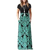 GRECERELLE Women Summer Casual Maxi Long Dress Short Sleeve Crew Neck with Pockets, Size S-3XL