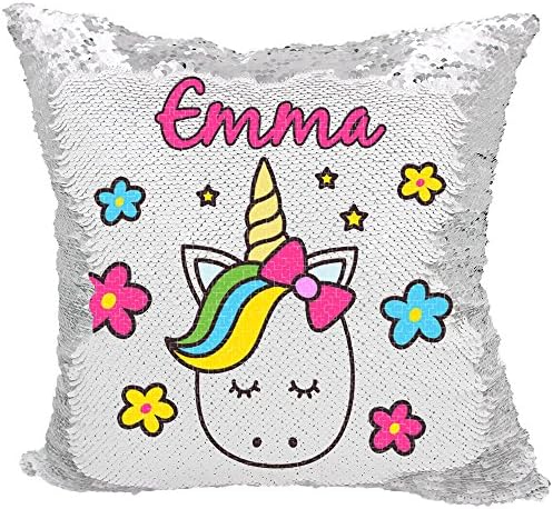 Unicorn Throw Pillow for Girls Personalized Reversible Sequin Pillow (White/Silver)