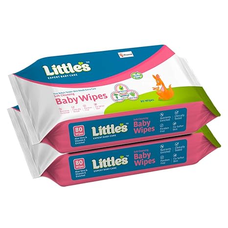Littles Soft Cleansing Baby Wipes with Aloe Vera, Jojoba Oil and Vitamin E (80 Wipes) Pack of 2