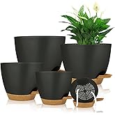 Self Watering Planters with Drainage Holes Reservoir,Nursery Planting Pot for Indoor Decor Garden Plants Succulents,Snake Plant, African Violet,Plastic Flower Pots Set 7+6.5+6+5.5+5 Inch (Black)