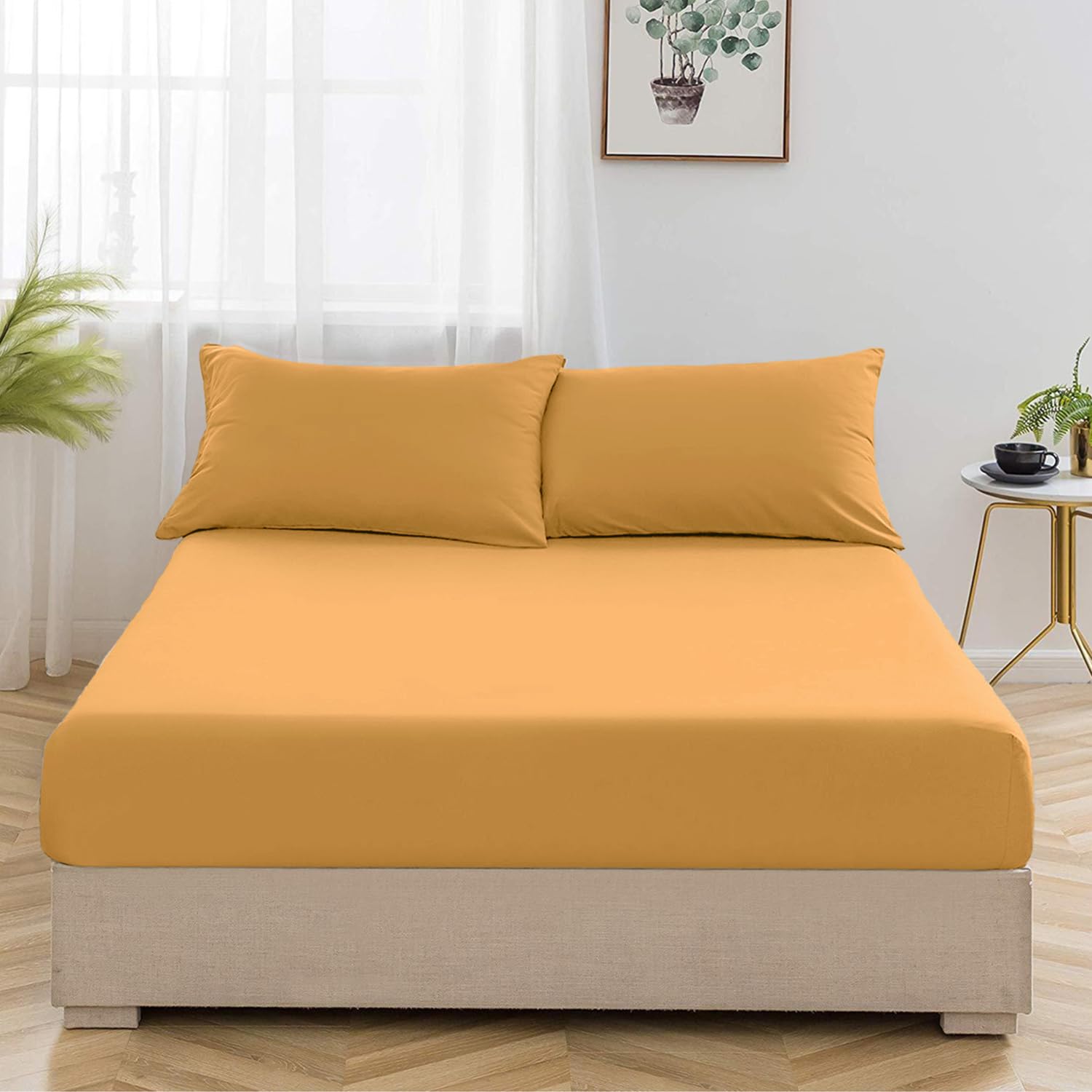 Oxford Homeware Ochre King Size Fitted Sheets -100% Brushed Microfibre 1800 Easy Care 25 cm Deep King Size Bed Sheet Bedding - Shrinkage and Fade Resistance — image 1