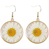 Pressed Flower Dangle Drop Earrings for Women 14K Gold-Toned Handmade Dried Flowers Teardrop Dangling Earring Geometric Charms Blossom Fish Hook Forget Me Not Jewelry for Wedding Holiday