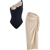 winkbay Women's 2 Piece Bathing Suit 3D Floral One Shoulder Swimsuit with Cover Up Skirt