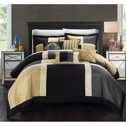 Amazon Com 11pc Black Gold Embroidered Patchwork Comforter