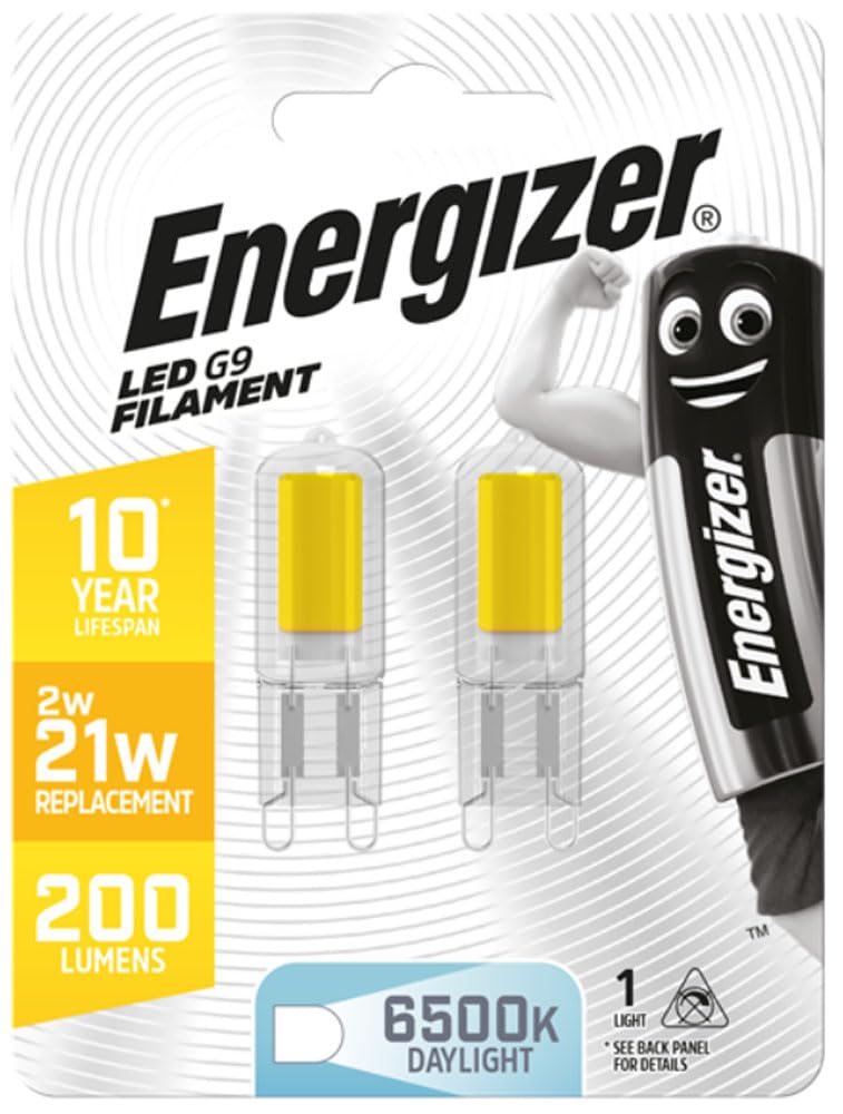 Energizer G9 Energy Saving LED Filament Bulb, 2W (Equivalent 20W) Daylight 6,500K, 210 Lumen - 2 Pack (Non-Dimmable)