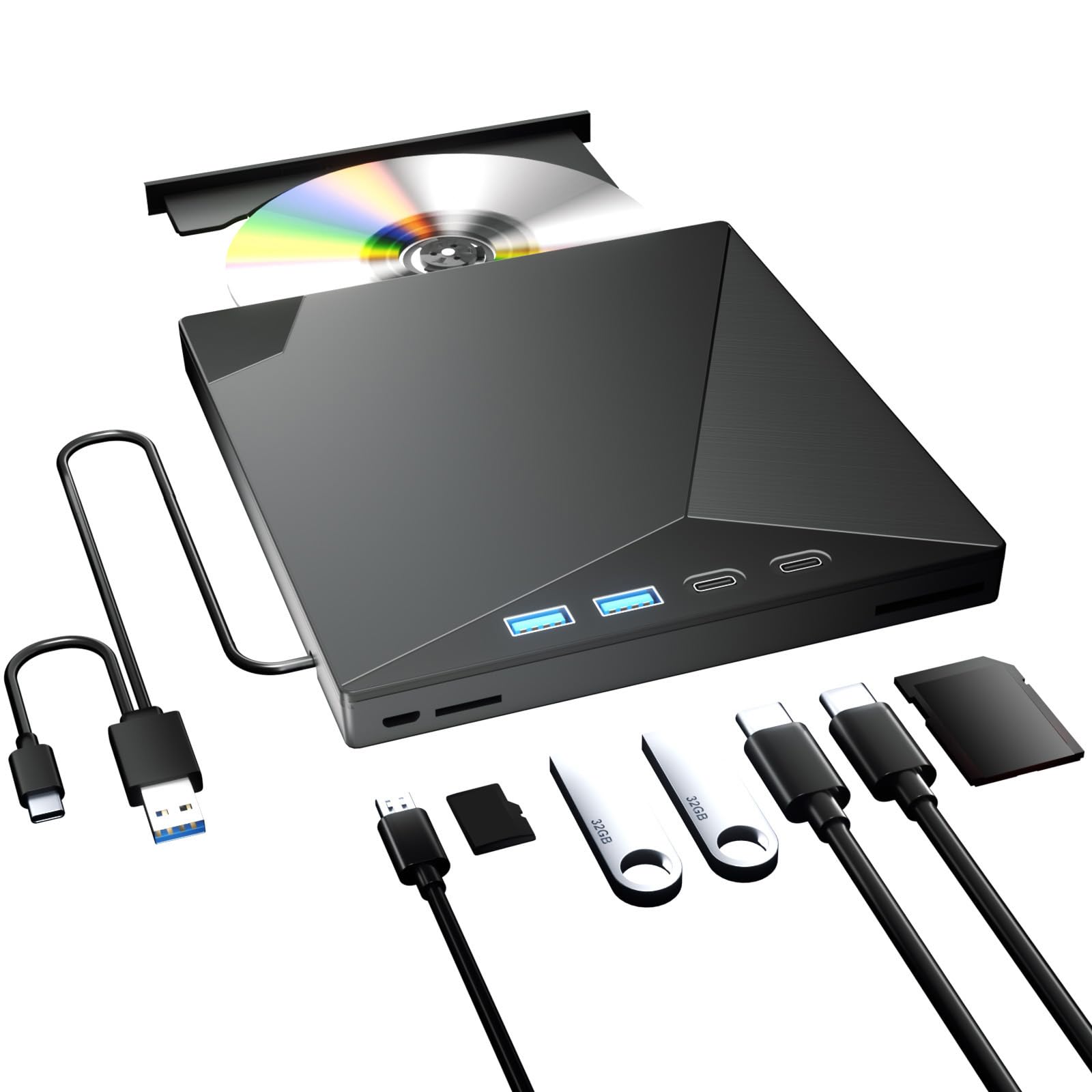External CD/DVD Drive for Laptop, 7-in-1 CD Burner USB 3.0 and Type-C Portable DVD Burner CD ROM DVD Player Portable CD Reader Compatible with Latptop PC Windows XP/7/8/10, Linux Mac OS
