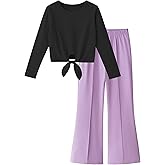 Yekaty Girls Clothes Tie Front Long Sleeve T Shirts Tops Flare Pants Girls' Clothing Sets 2 Peice Fall Outfits Size 5-12Y
