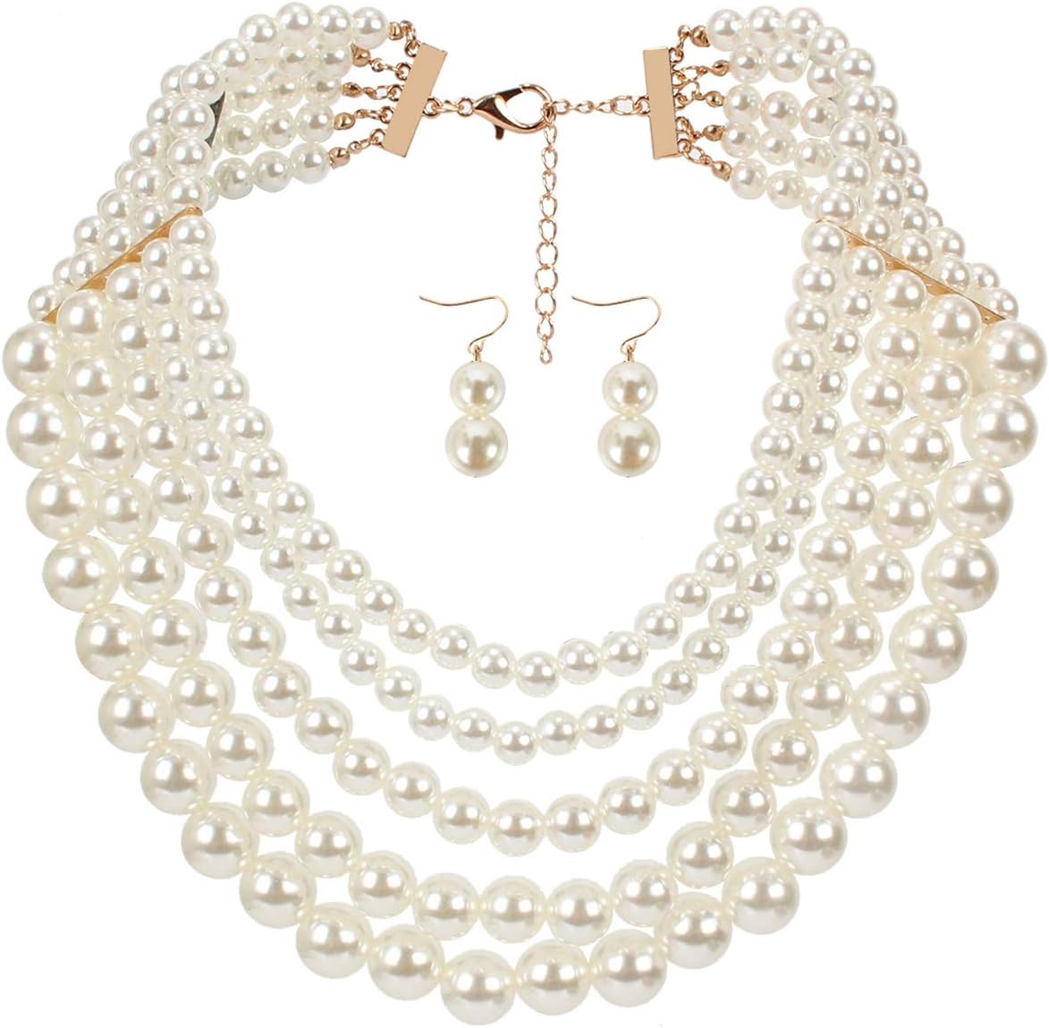 ThkmeetThkmeet Faux Five Multi-Strand Pearl Statement Necklace and Earrings Set Bridal Wedding Gift for Women