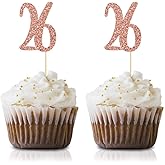 Rose Gold 26th Birthday Cupcake Topper, 24-Pack Number 26 Glitter Happy Birthday Party Cupcake Toppers, Decorations