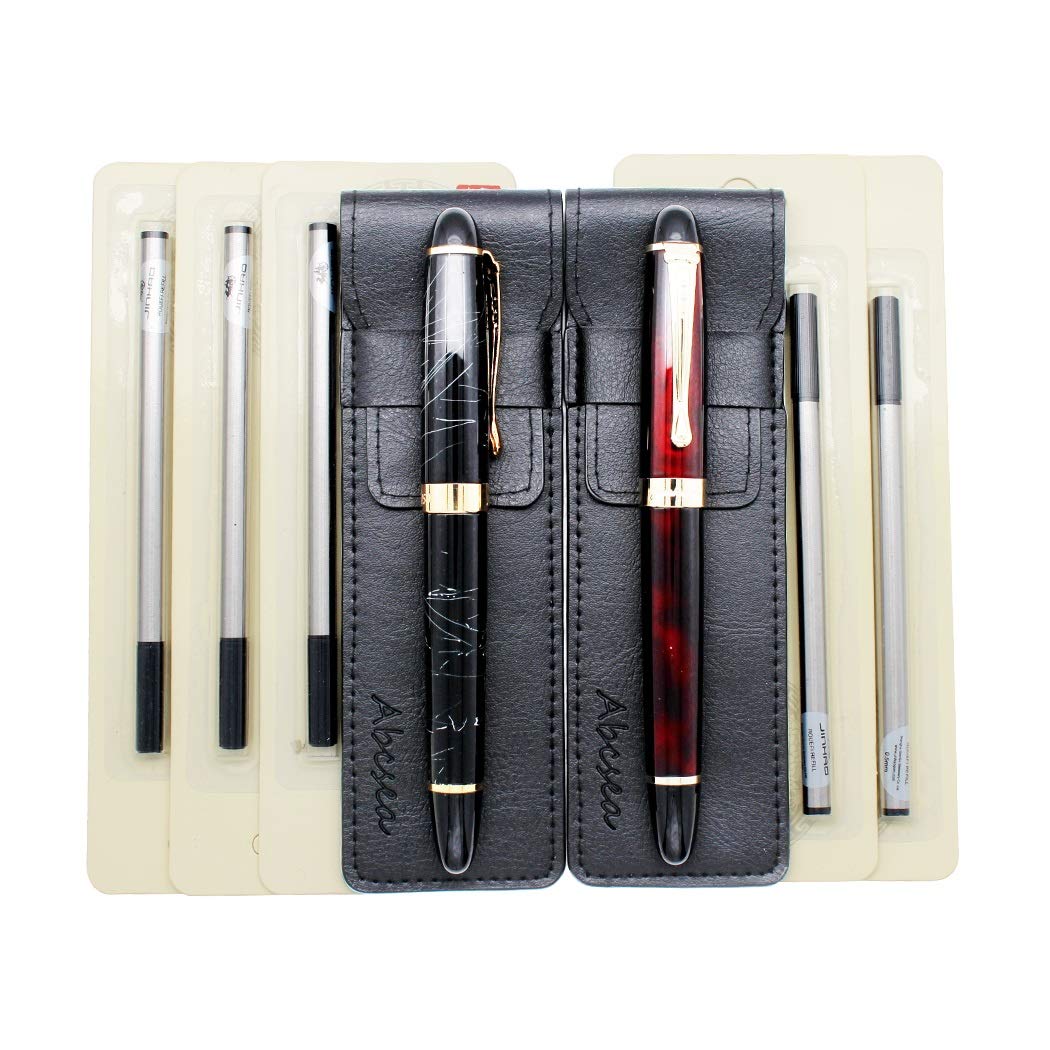 Abcsea 2-Piece Jinhao 450 Rollerball Pens, Fine & Medium Point, Black Ink, 5 Refills, White & Red, Ambidextrous, Calligraphy, Waterproof