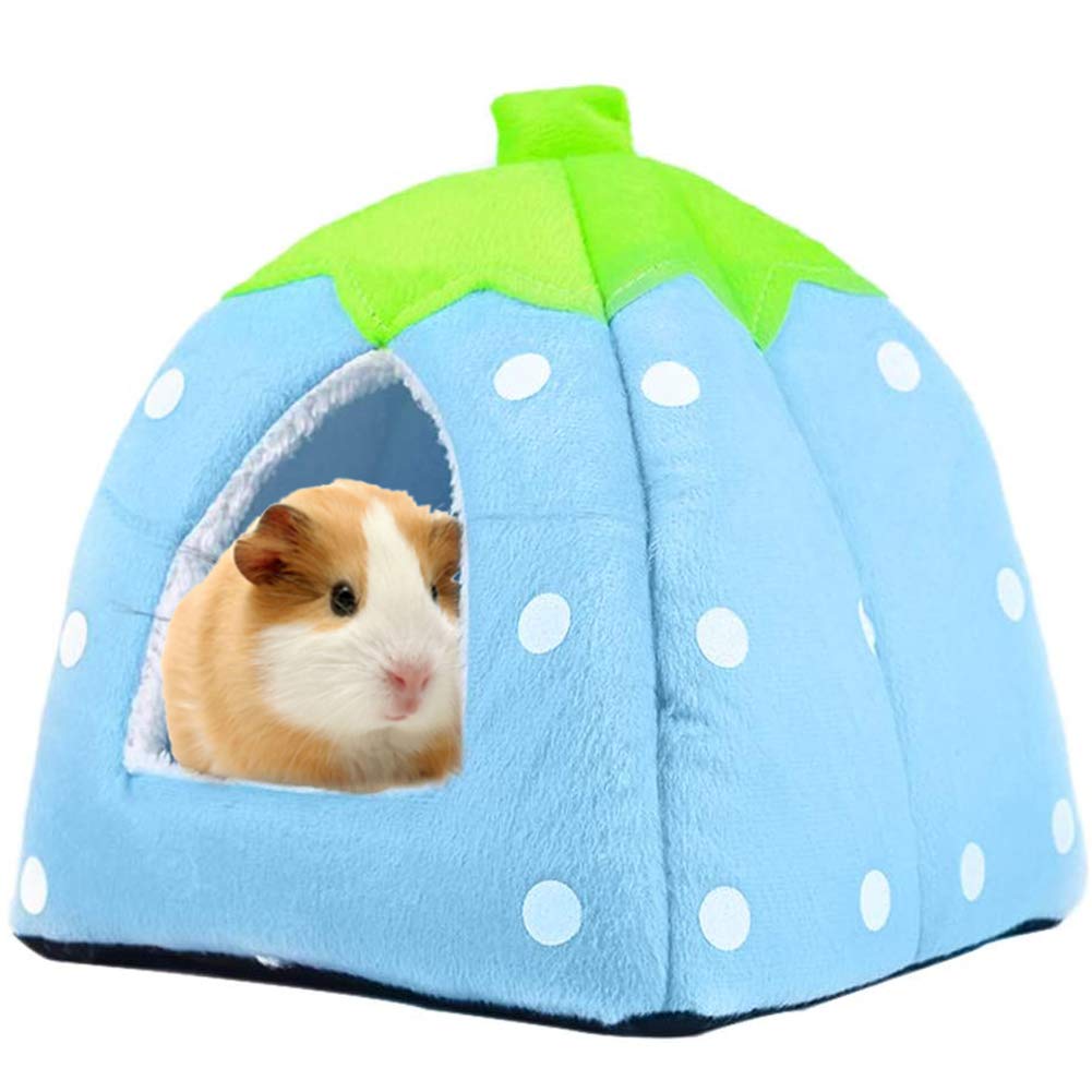 NALCY Small Animal Pet Winter House Bed, Multifunctional Foldable Strawberry Plush Bed, Hamster Chinchilla Hedgehog Squirrel Small Pet Bed, Portable Sofa, Home Cave (Blue, 26 * 26 * 24cm)