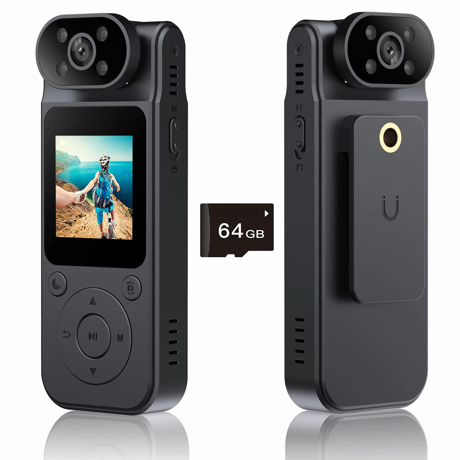 Photo 1 of 1.5”Screen Mini Body Camera Video Recording with 64GB Memory Card,1080P Wearable Personal Bodycam with 180° Rotating Lens Night Vision Motion Detection, Body Worn Camcorder for Travel/Outdoor/Work