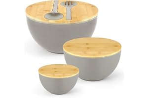 Bamboo Salad Bowls Set of 3 with Bamboo Lids & Serving Utensils, Bamboo Fiber Large Salad Serving Bowls, Nesting Mixing Bowls