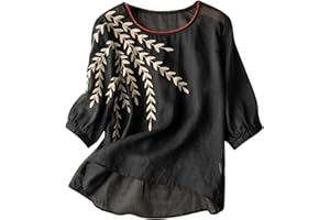 FARTEY Linen Shirts for Women Summer Casual 3/4 Length Sleeve Tops Embroidery Jacquard Button Down V Neck Blouses Tunics