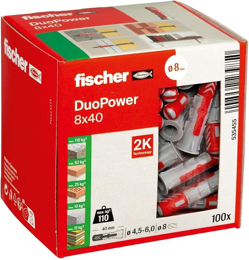 fischer DuoPower 8x40 Wall Plug Red Grey 8 mm