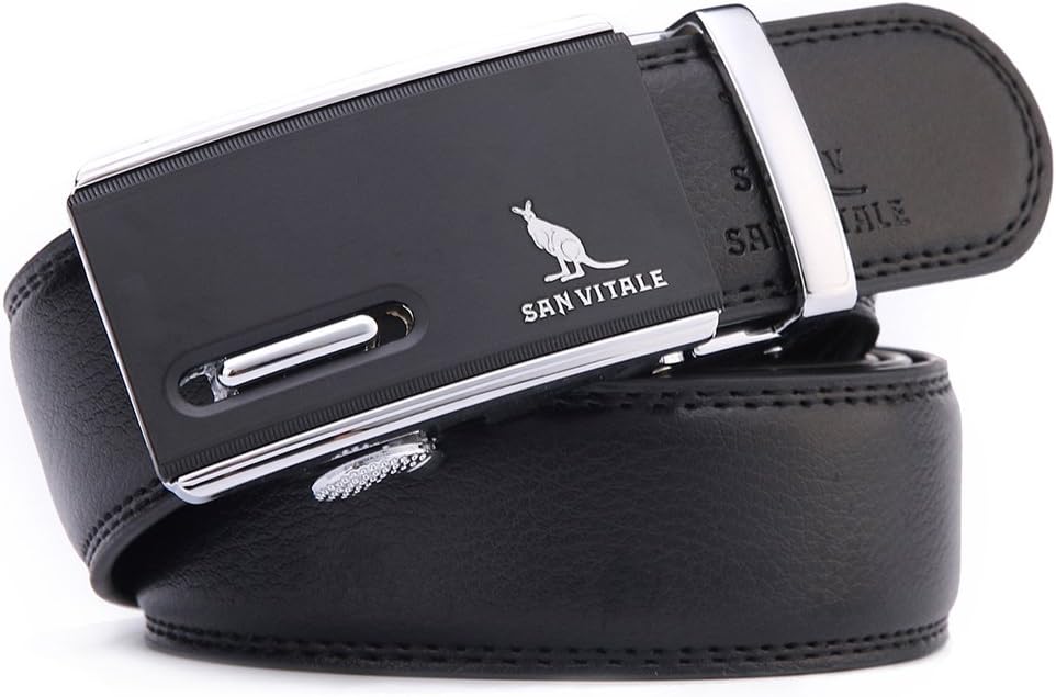 SAN VITALE Men's Solid Buckle with Automatic Ratchet Leather Belt 35mm Wide 1 3/8"