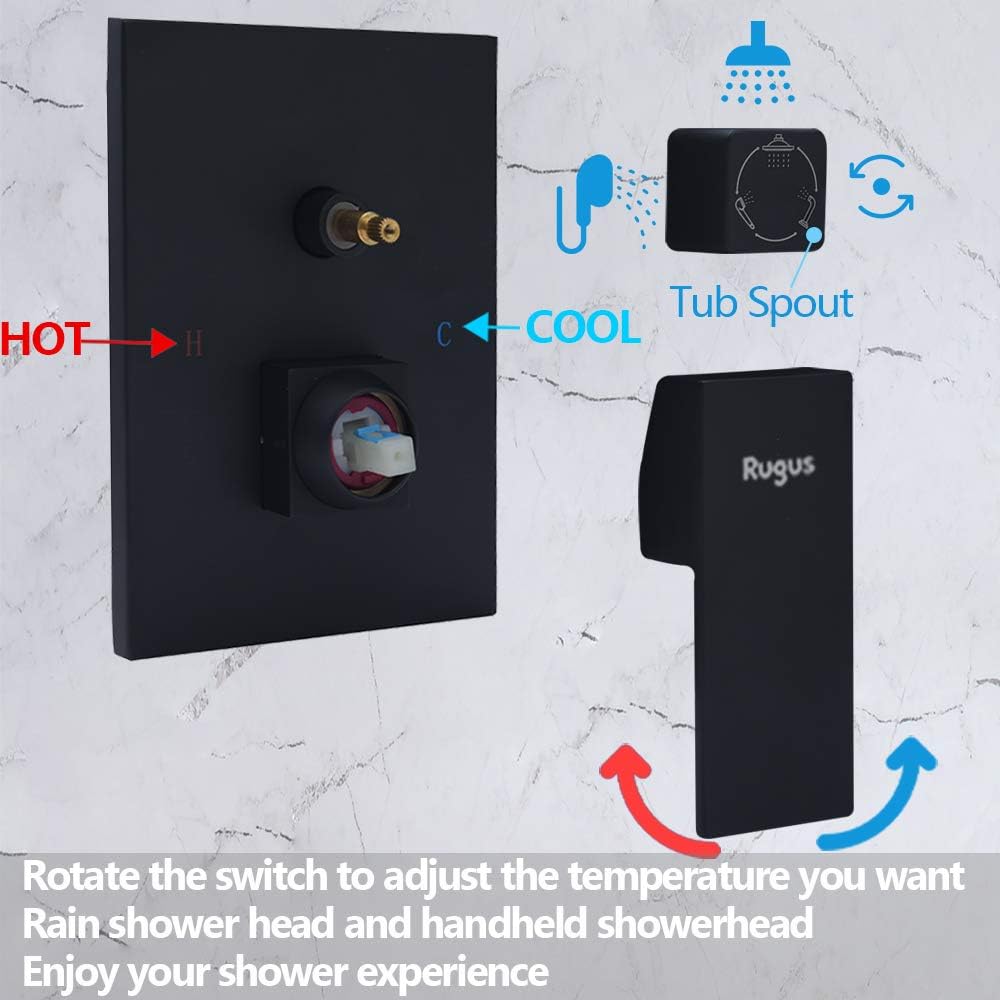 Rugus Shower System，Luxury Rain Mixer Shower Tub Spout Combo Set Wall Mounted Rainfall Shower Head System，10 Inch Square Rain Shower Head, Black Shower faucet rough-in valve body and trim - - 