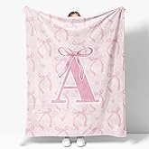 JKMBN Coquette Pink Bow Throw Blanket,Personalized Initial A Soft Fluffy Cozy Flannel Blanket,Monogrammed Gifts for Daughter Women Teen Girls,Customized Blanket for Bedding Bedroom Office,50x60 Inches
