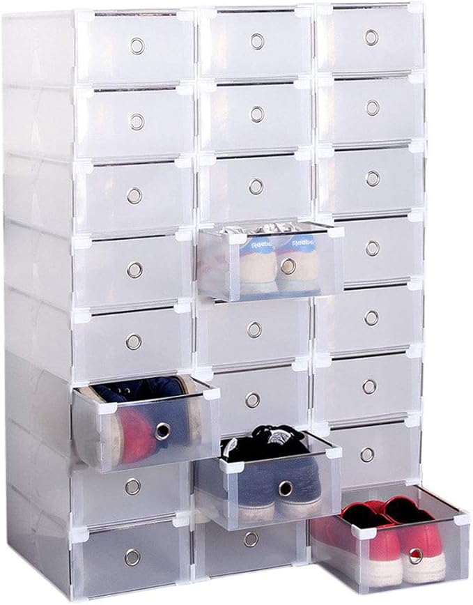 NUACOS Scatole Per Scarpe, Organizer Scarpe Trasparenti Porta Scarpe Plastica Impilabili, Scarpiera Salvaspazio, Contenitori Portascarpe Con Coperchi Per Donna/Uomo,Nero,32 PCS