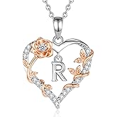 EUDORA Rose Heart Initial Necklace for Women Letter Alphabet Initial Necklaces Copper Rhodium Plated Pendant with Cubic Zirconia, Initials Jewelry Gifts for Women Wife Mother, 18"