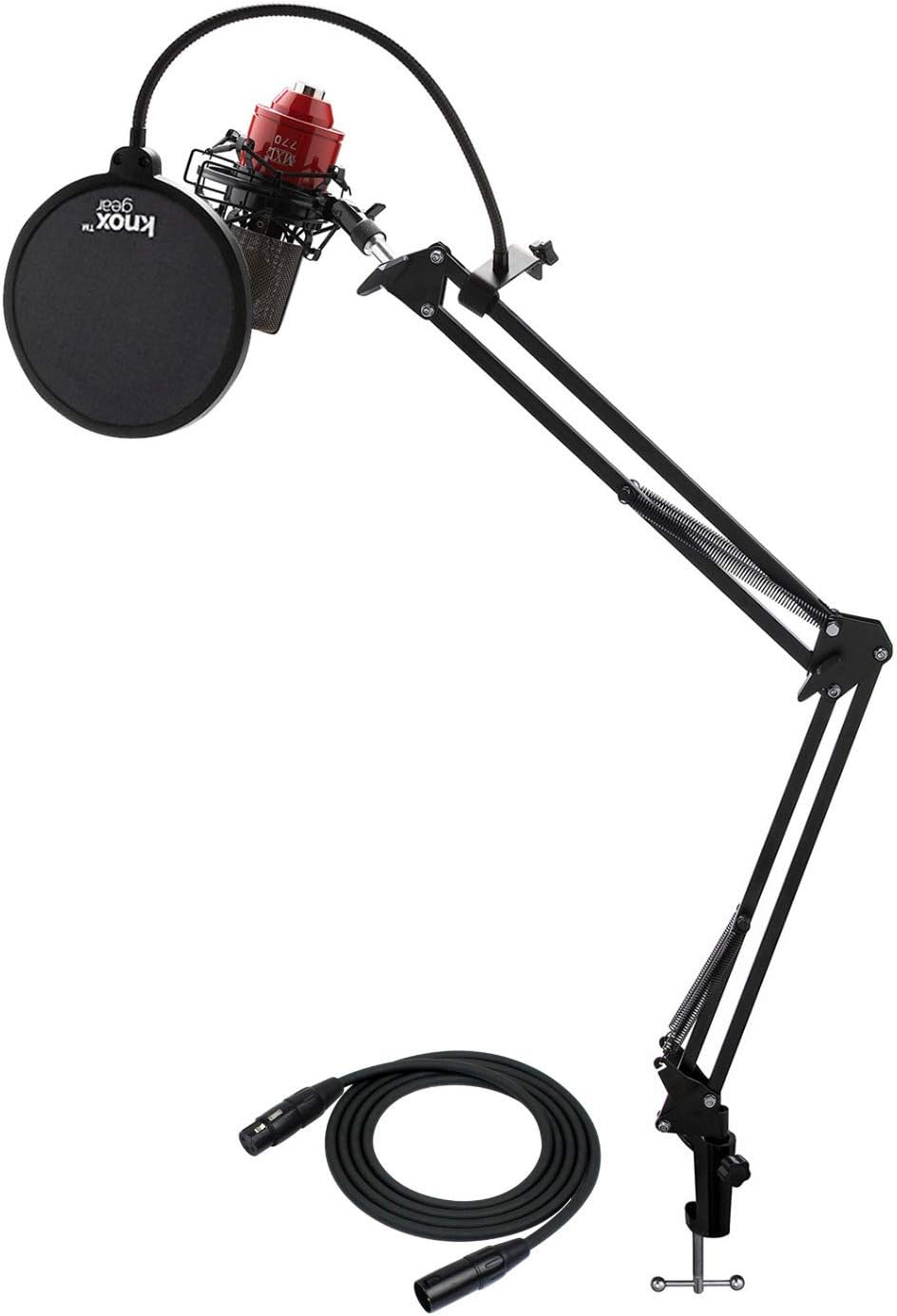MXL 770-RED Condenser Microphone with Knox Gear Boom Scissor Arm, XLR Cable, Pop Filter Bundle