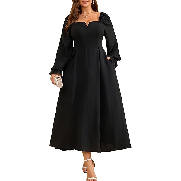 Cupitool Women Puffy Sleeve Midi Dress Casual Formal Crew Neck Knee Length  A Line Prom Party Flared Dresses Black at Amazon Women's Clothing store