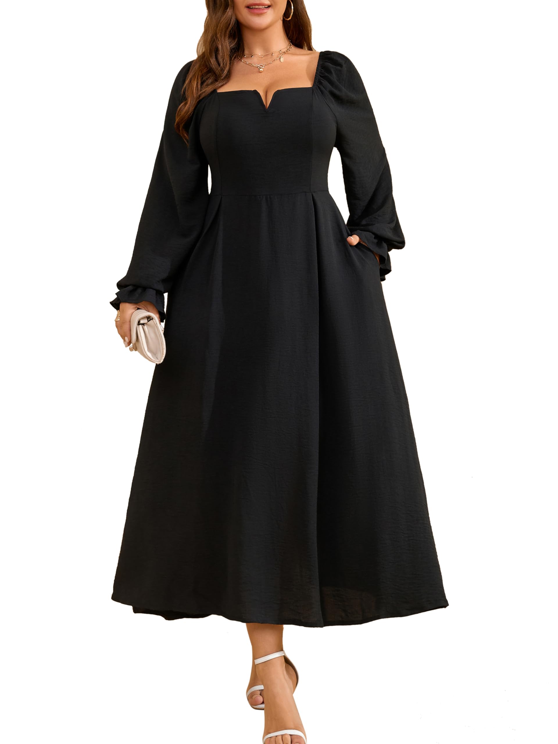 Photo 1 of RWJ Black Formal Dresses for Women, Plus Size Cocktail Dress with Pockets Long Sleeve V-Neck Smocked Fall Spring Empire Waist Church Dresses for Curvy Women X-Large