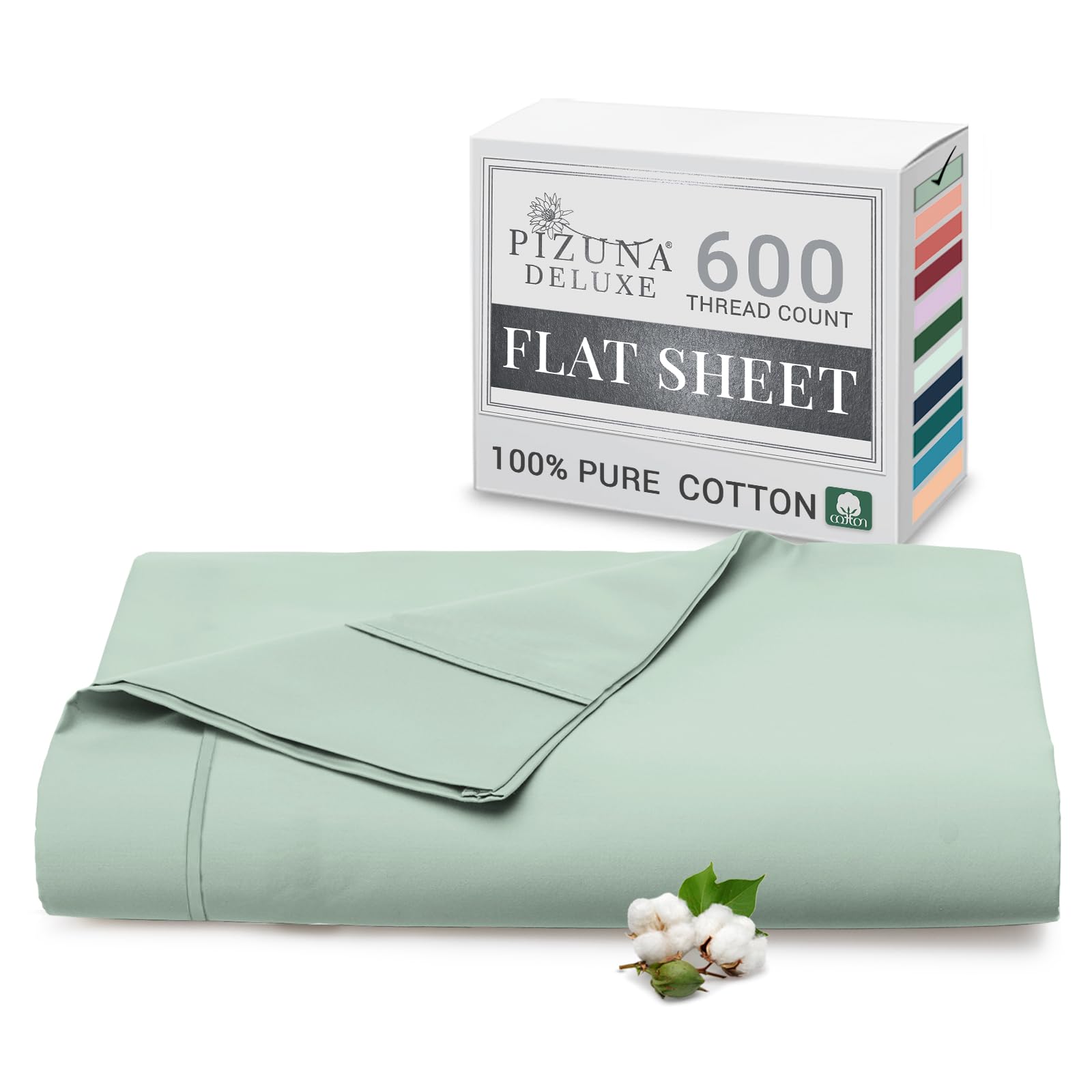 Pizuna Pure Combed Cotton Double Flat Sheet Seafoam Sage, 600 Thread Count Long Staple Brushed Cotton Flat Sheets Double, Cool Sateen Weave Flat Sheet Double Bed (Cotton Flat Sheet Double 1 PC)