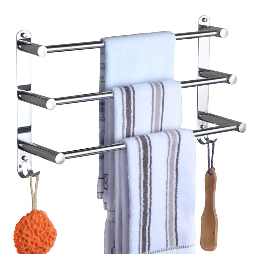 HONPHIER Adjustable Towel Rail 3-Tier Bath Towel Rack SUS 304 Stainless Steel Towel Shelves with Hooks Wall Mounted Towel Holder Towel Bar for Kitchen Bathroom 49-90CM, Chrome