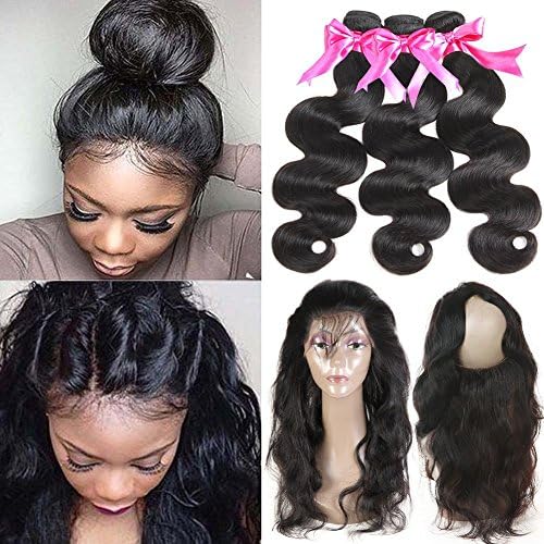 Beauty Princess 360 Lace Frontal with Bundles 8a Brazilian Body Wave Virgin Hair 3 Bundles with 360 Lace Band Frontal Closure with Bady Hair Natural Color. ¡ (16 18 20+14)