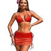 EHSUYAB Women 3 Piece Crochet Swimsuits, Halter Triangle Bikini Set with Cover Up Skirt, Side Tie String Thong Bathing Suit