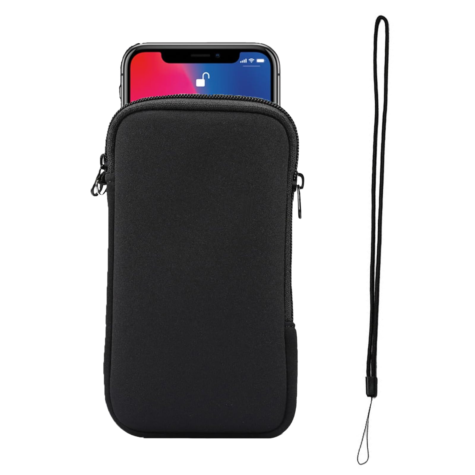 ARROMI Phone Pouch With Neck Strap, Mobile Sleeve Case With Zipper, Universal Shock Sock, Neoprene Bag With Neck Lanyards (Black)