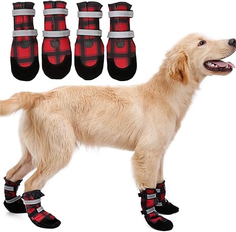 Amazon Com Dog Shoes Boots Dog Winter Hiking Boots Water Resistant Snow Paws Shoes For Small Medium Large Dogs Warm Fleece Liner Anti Slip British Plaid High Tube Two Adjustable Reflective Fastening Straps