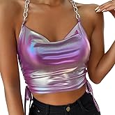 Women's Metallic Holo Halter Chain Neck Cami Tank Top Sleeveless Vest Crop Tops for Rave Music Festival