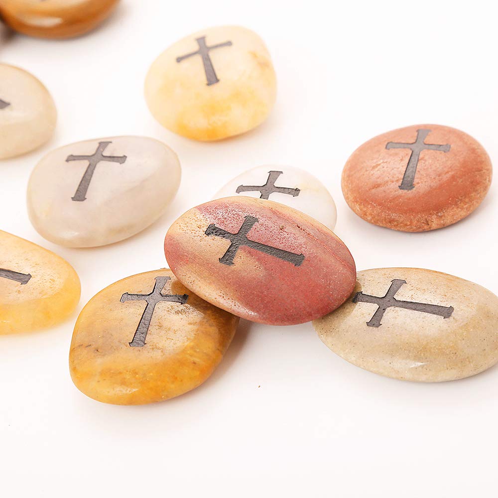 ROCKIMPACT 24 Pcs Engraved Cross Worry Stones for Pray Faith Memorial Stones Smooth Polished Natural River Rock Baptism Christening Holy Communion Gift Wholesale Value (2-3 Inches Each, Set of 24)