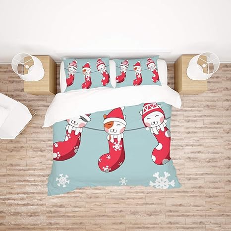 Amazon Zhongji ダウン布団カバー しわ防止 アレルギー防止 寝具セットシングル シンプルな北欧 冬の靴下でかわいいぶら下げ猫イラスト 枕カバー1枚入り 掛け布団カバー1枚入り 寝具カバーセット オンライン通販