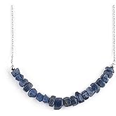 Genuine A+ Raw Blue Sapphire Beads Bar Necklace Handmade Minimalist Jewelry Natural Gemstones Healing Crystals September Birthstone Rhodium Plated 925 Sterling Silver Necklace 18 inch Valentine Gift