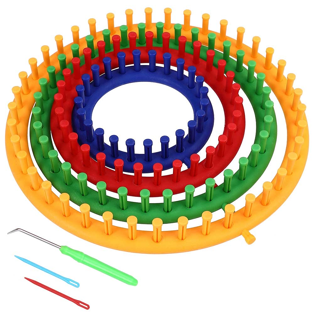BAKAJI Knitting Frame Set Circular Crochet Kit 4 Plastic Frames Various Sizes with Needles and Needle Accessories for Hats Scarves and Gloves (Round)