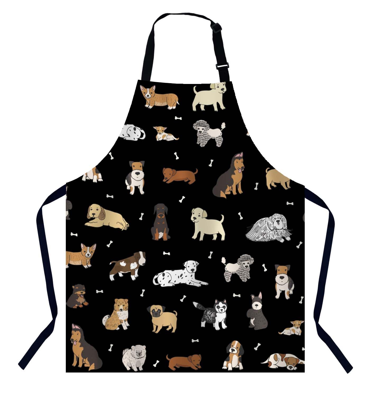 BGBDEIA Cartoon Doodle Puppy Dog Apron, Adjustable Neck Bib Apron for Men Women, Size 27" x 31", Polyester, Unisex, Machine Washable