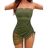 XUNYU One Piece Swimsuit Women Tummy Control Bathing Suit Strapless Bandeau Modest Swim Suits Full Coverage Mesh Swim Dress
