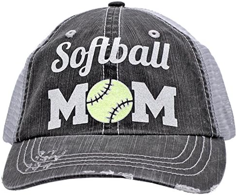 Softball Mom Sports Distressed Trucker Style Cap Hat Rocks any Outfit Grey (Yellow)