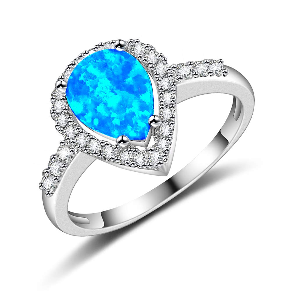 Dnswez Teardrop CZ Cubic Zirconia Blue Fire Opal Ring Silver Statement Band Ring(8)