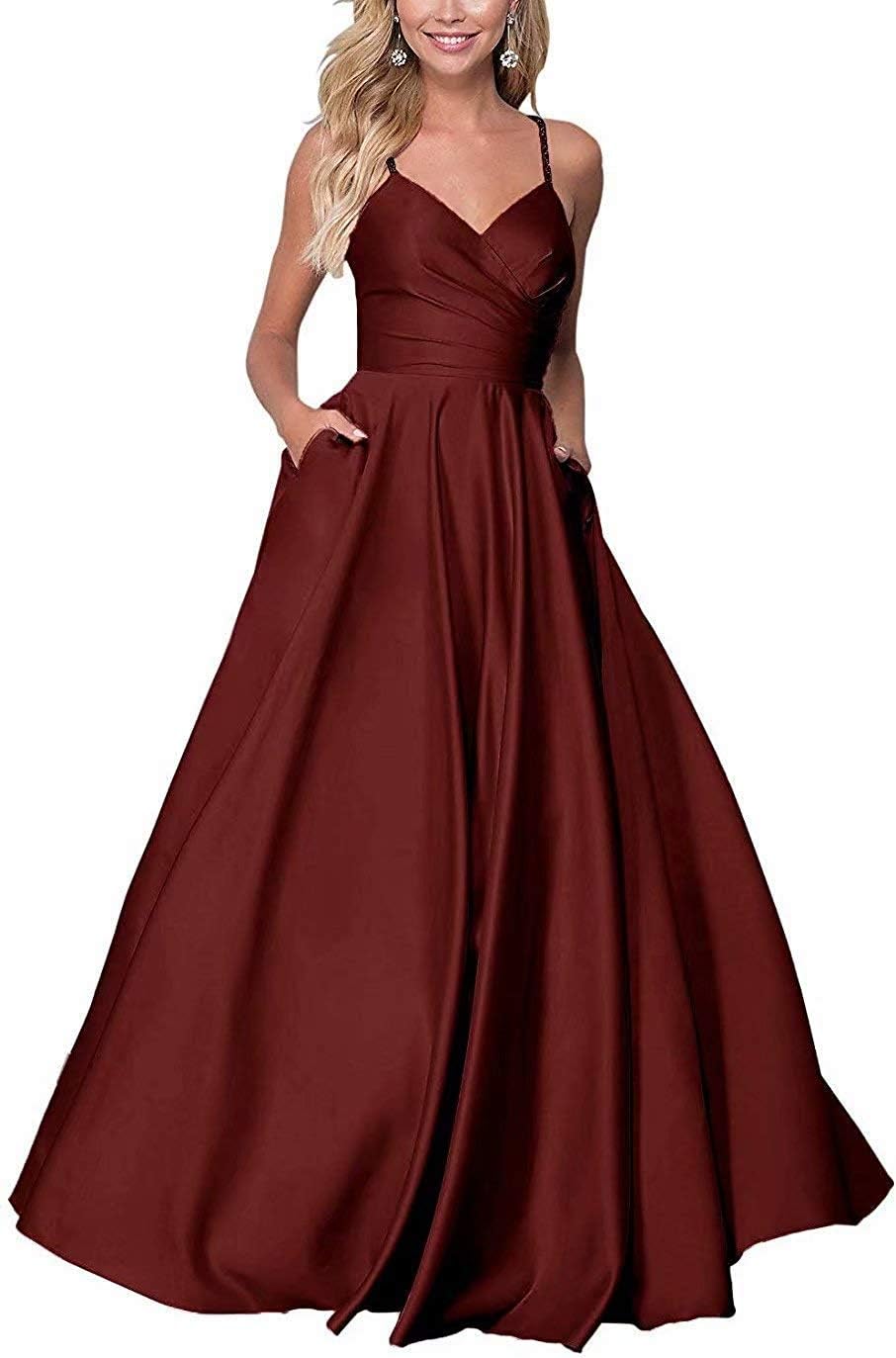 Long Prom Dress Satin V Neck Straps A-Line Evening Gown With Pockets