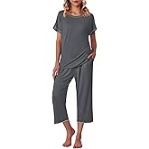 Ekouaer Women's Capri Pajama Sets Print Short Sleeve Sleepwear Top and Capri Pants Soft Loungewear with Pocket