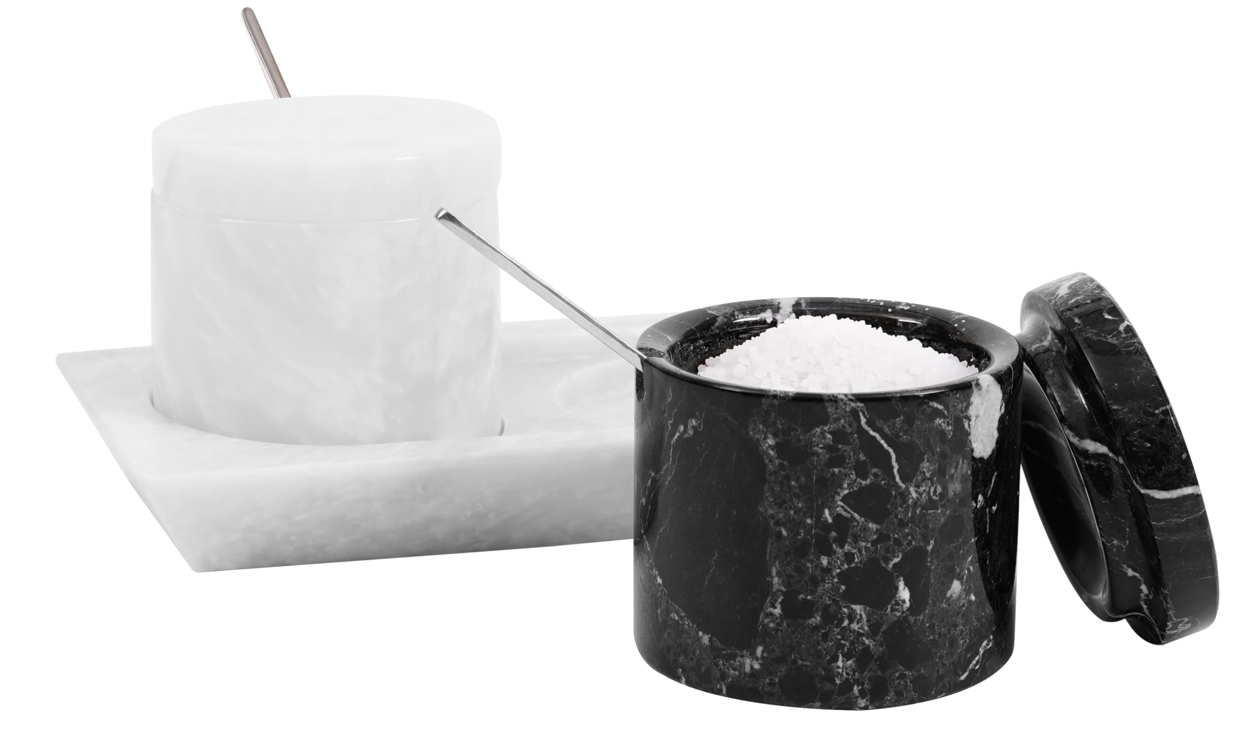 Radicaln Marble Salt Cellar with Lid Black and White Handmade Set of 2 Salt and Pepper Bowl Box with Marble Tray - Spice & Salt Storages for Kitchen Rack - Spices Container Set for Home