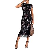BEAUDRM Women's Leopard Midi Dress Short Sleeve Mesh Sheer Pencil Dress Wedding Guest Cocktail Dresses