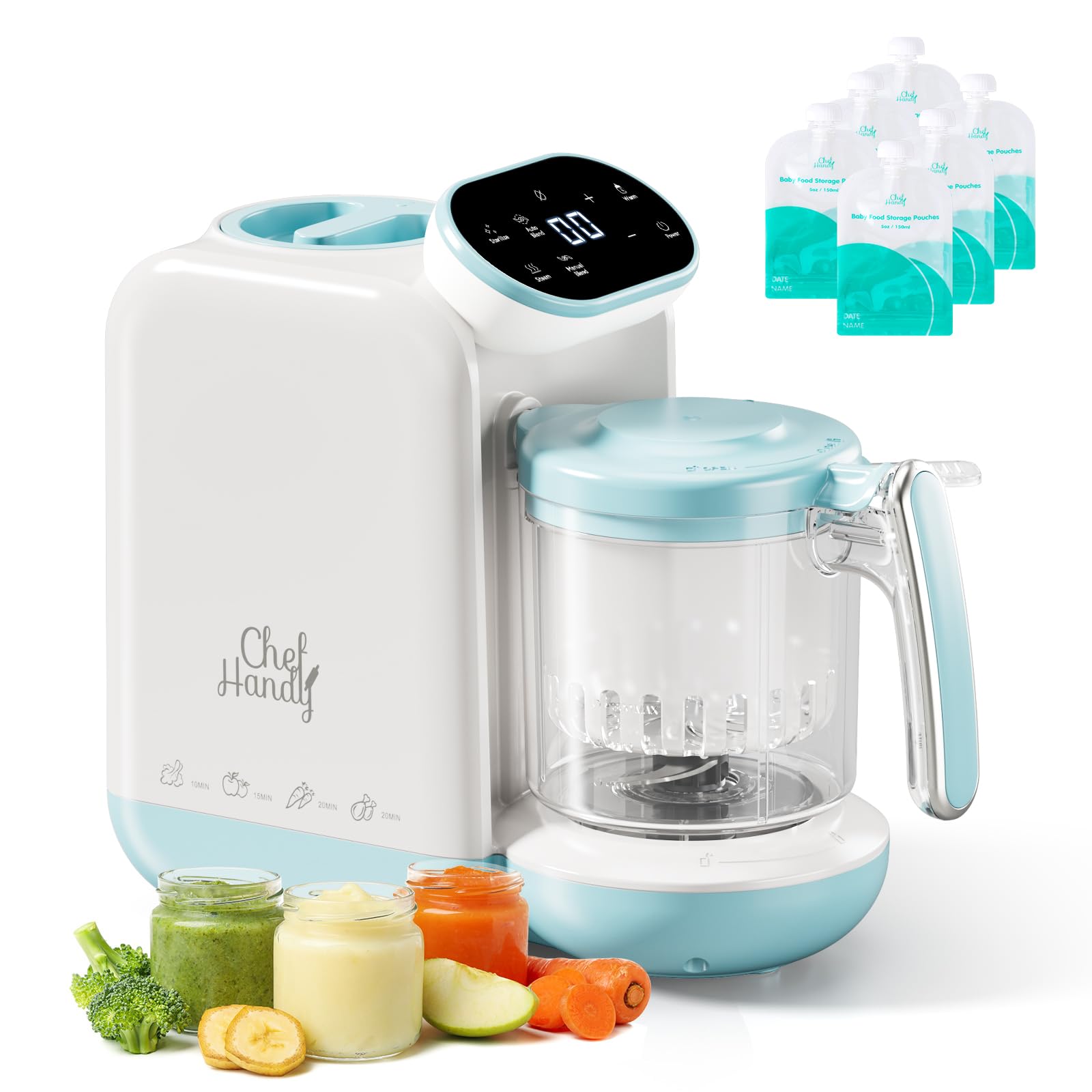 Photo 1 of Chefhandy Baby Food Maker, 5-in-1 Baby Food Steamer & Blender with Auto and Manual Blending, Puree Maker, Bottle Warmer & Sterili-zer, BPA-Free, with 6 Food Pouches (White Blue)