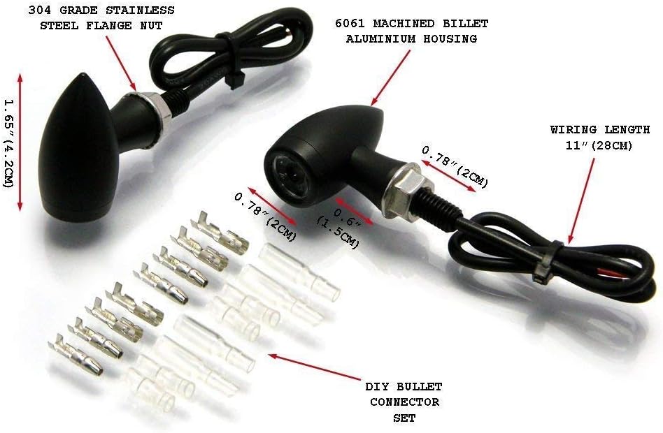 Motorcycle LED Matt Black Indicators Universal Turn Signals - Bullet Style x2, D: 20mm | L: 42mm | 8mm thread - Image 3
