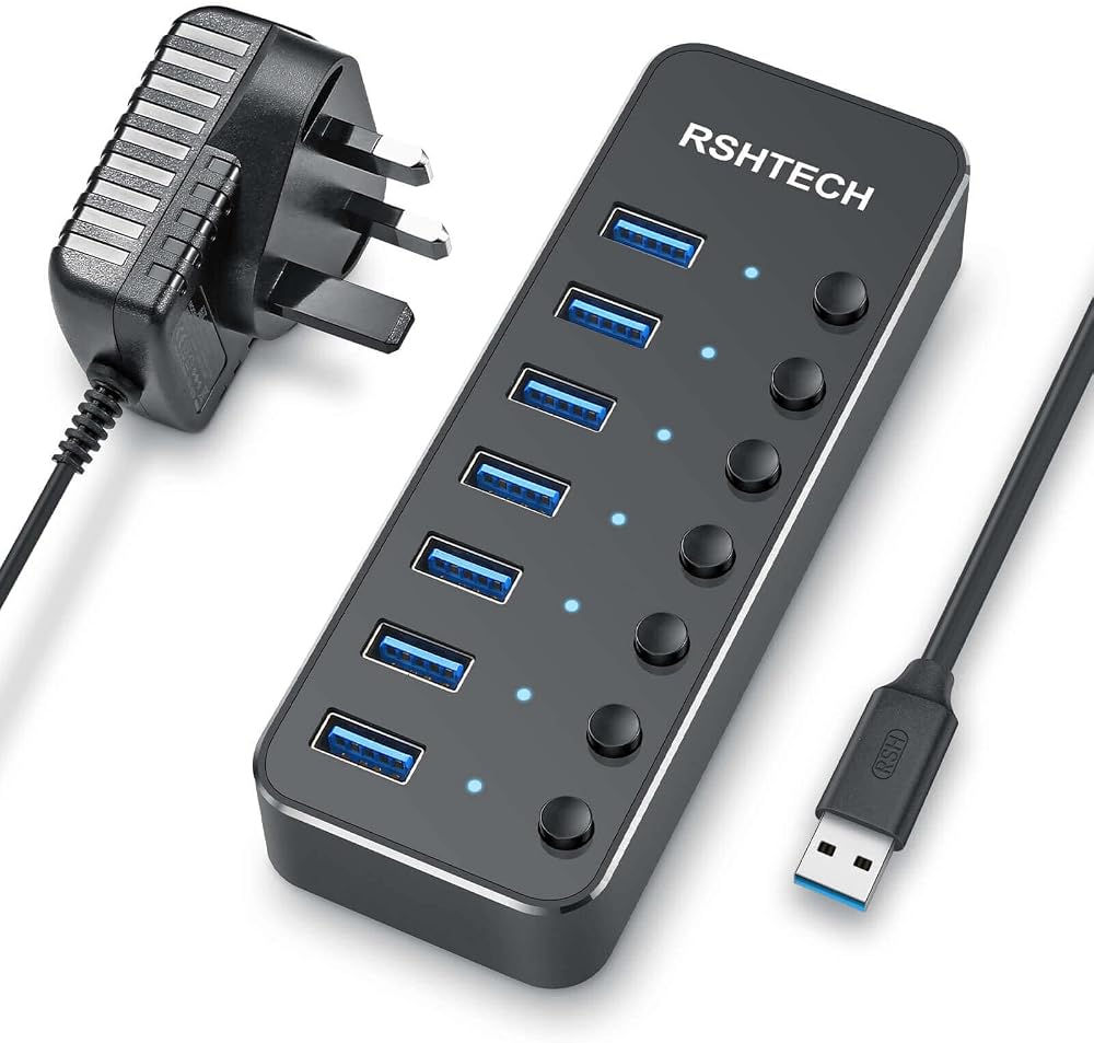 RSHTECH USB Hub 7 Port USB 3.0 Aluminum Splitter w/ On/Off Switches & 5V Power