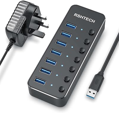 RSHTECH USB Hub 7 Port USB 3.0 Aluminum Splitter w/ On/Off Switches & 5V Power